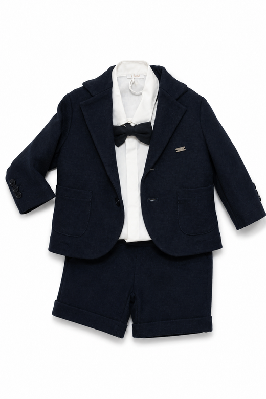 Completo Le Bebé da bambino bianco e blu navy con camicia, papillon e pantaloncino corto, disponibile con giacca o gilet