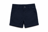 Coordinato Bebebò da neonato con camicia bianca in lino a maniche corte e pantaloncino corto blu navy
