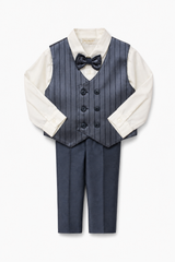 Completo cerimonia Bimbalò da bambino grigio blu con camicia avorio, gilet, papillon e pantalone, disponibile con o senza giacca