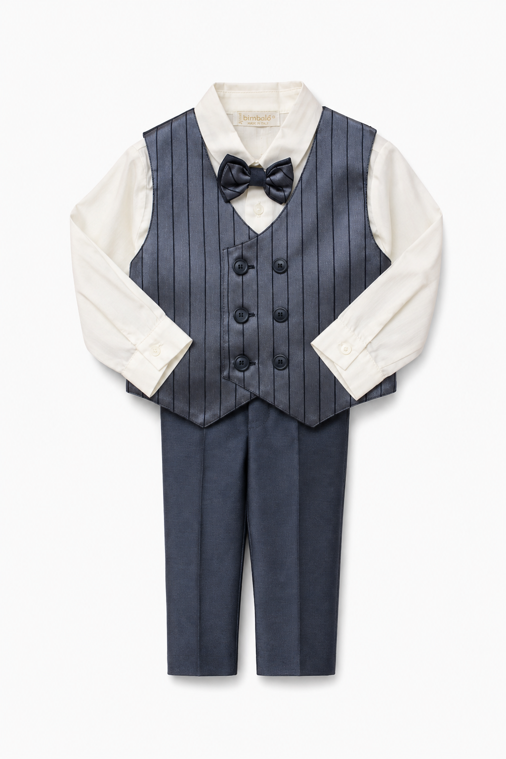 Completo cerimonia Bimbalò da bambino grigio blu con camicia avorio, gilet, papillon e pantalone, disponibile con o senza giacca