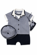 Set cerimonia Aletta da neonato bianco e blu navy con pagliaccetto a righe, cappellino coordinato e scarpine