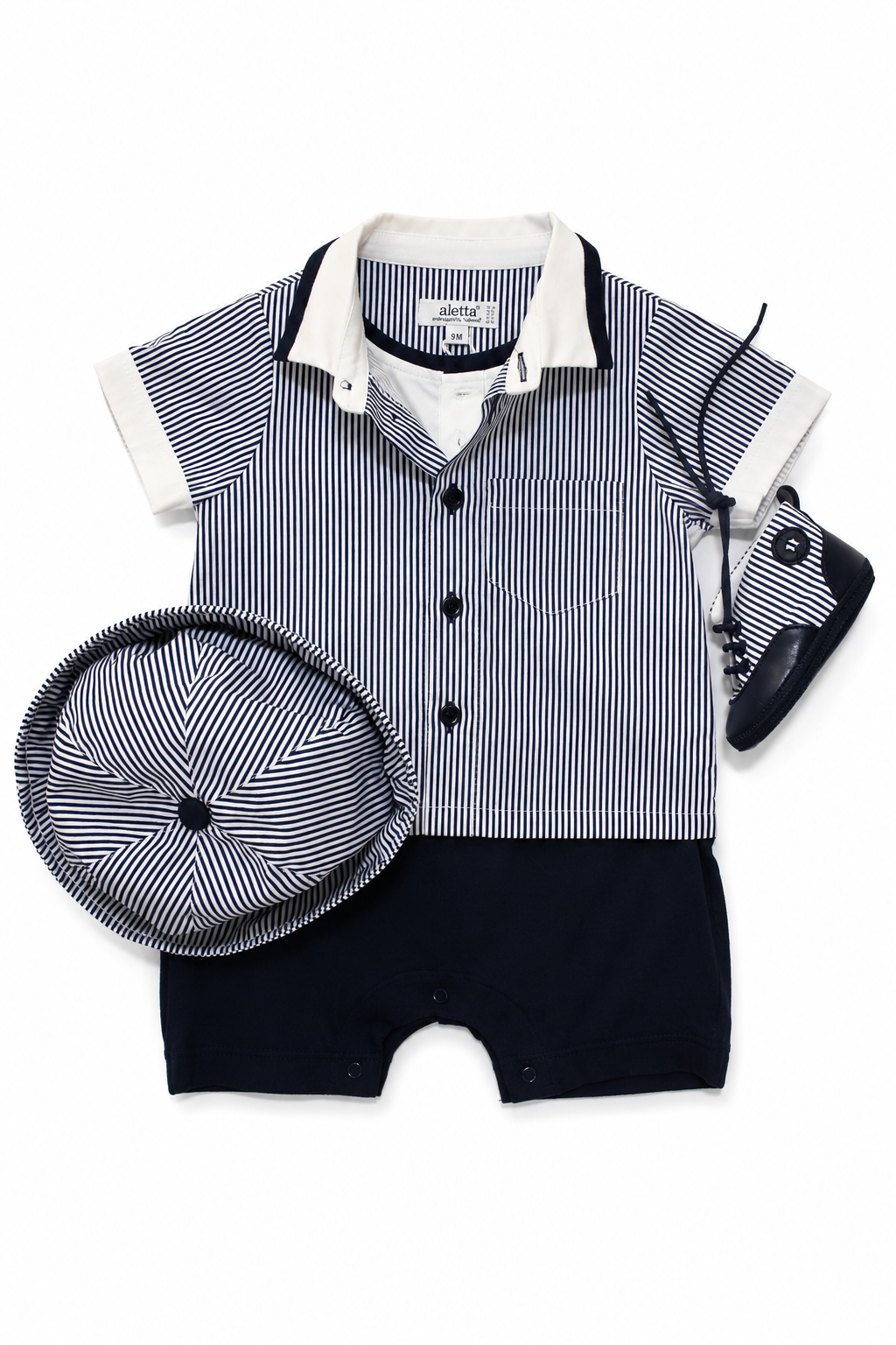 Set cerimonia Aletta da neonato bianco e blu navy con pagliaccetto a righe, cappellino coordinato e scarpine