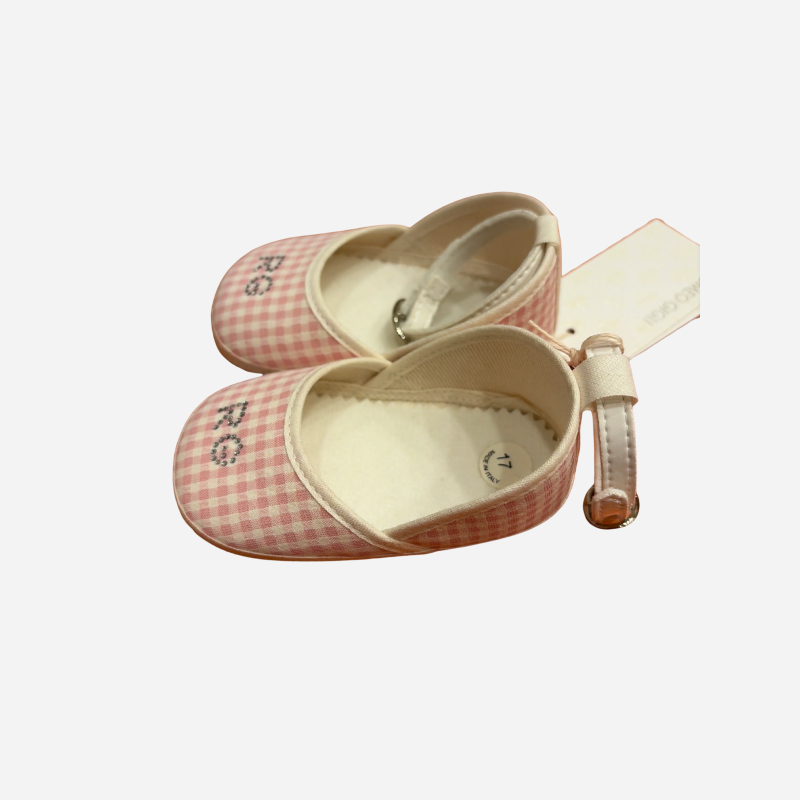 Scarpine Neonata Vichy Rosa con Cinturino e Strass Romeo Gigli