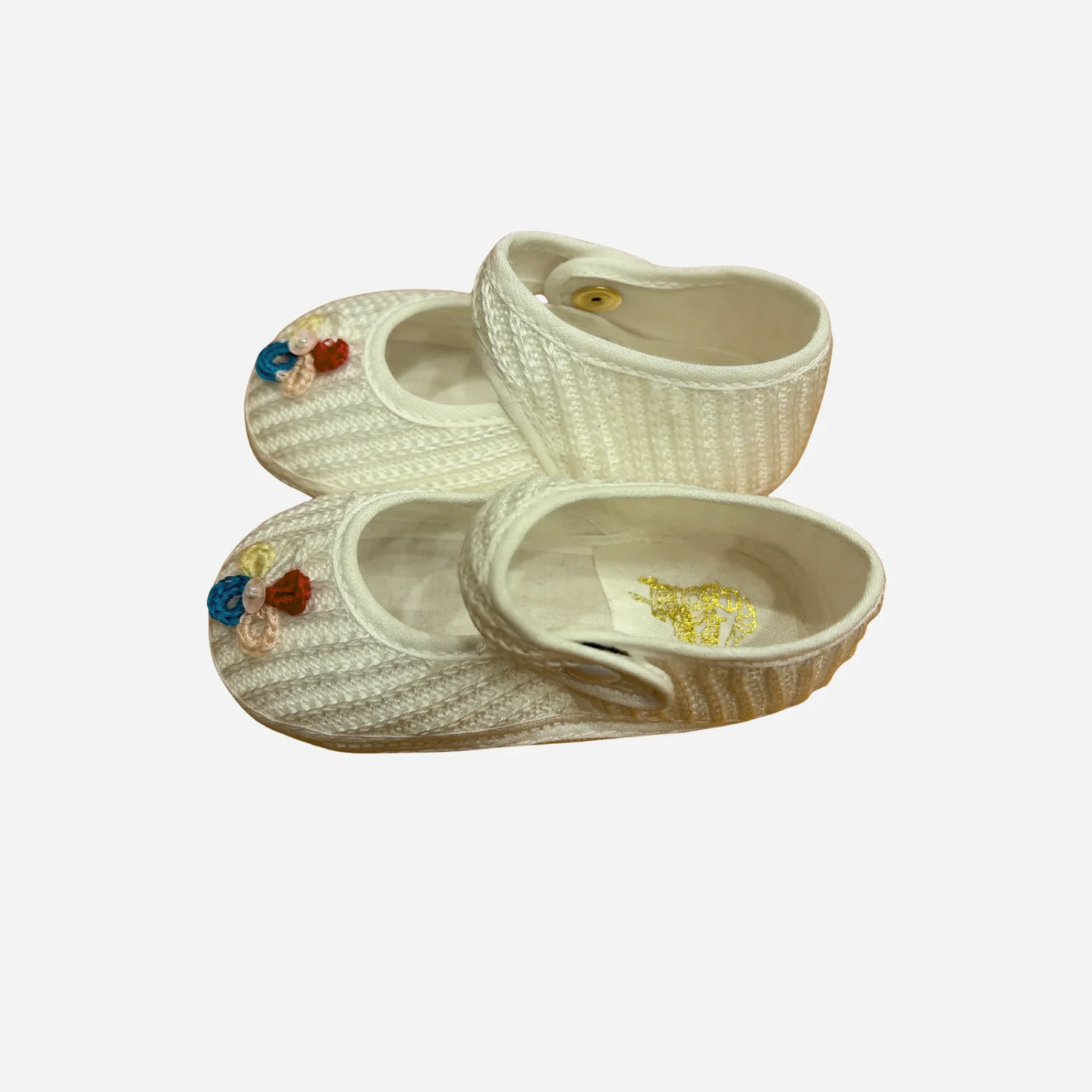 Scarpine Neonata Bianche in Maglia con Cinturino e Fiore