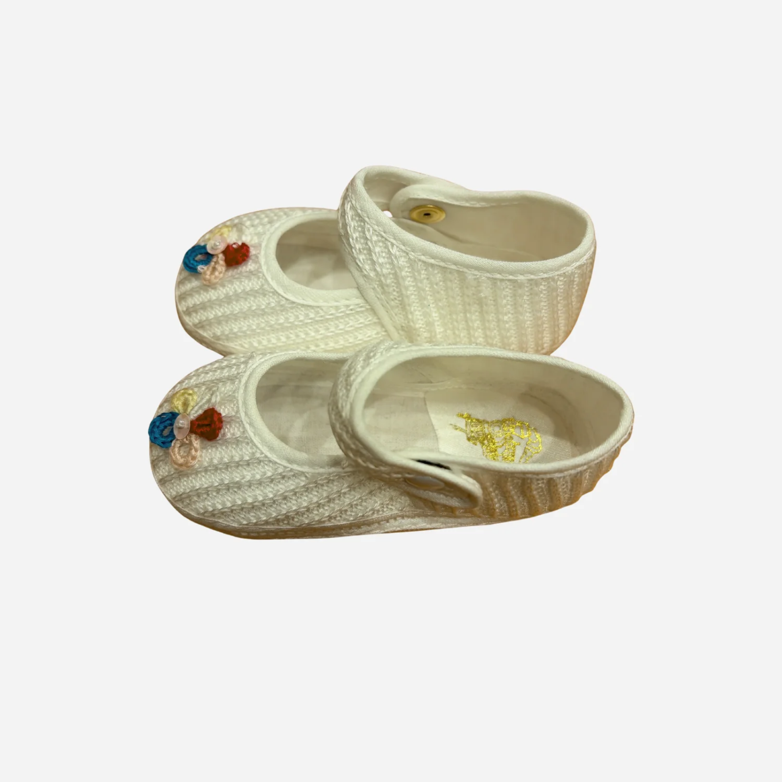 Scarpine Neonata Bianche in Maglia con Cinturino e Fiore
