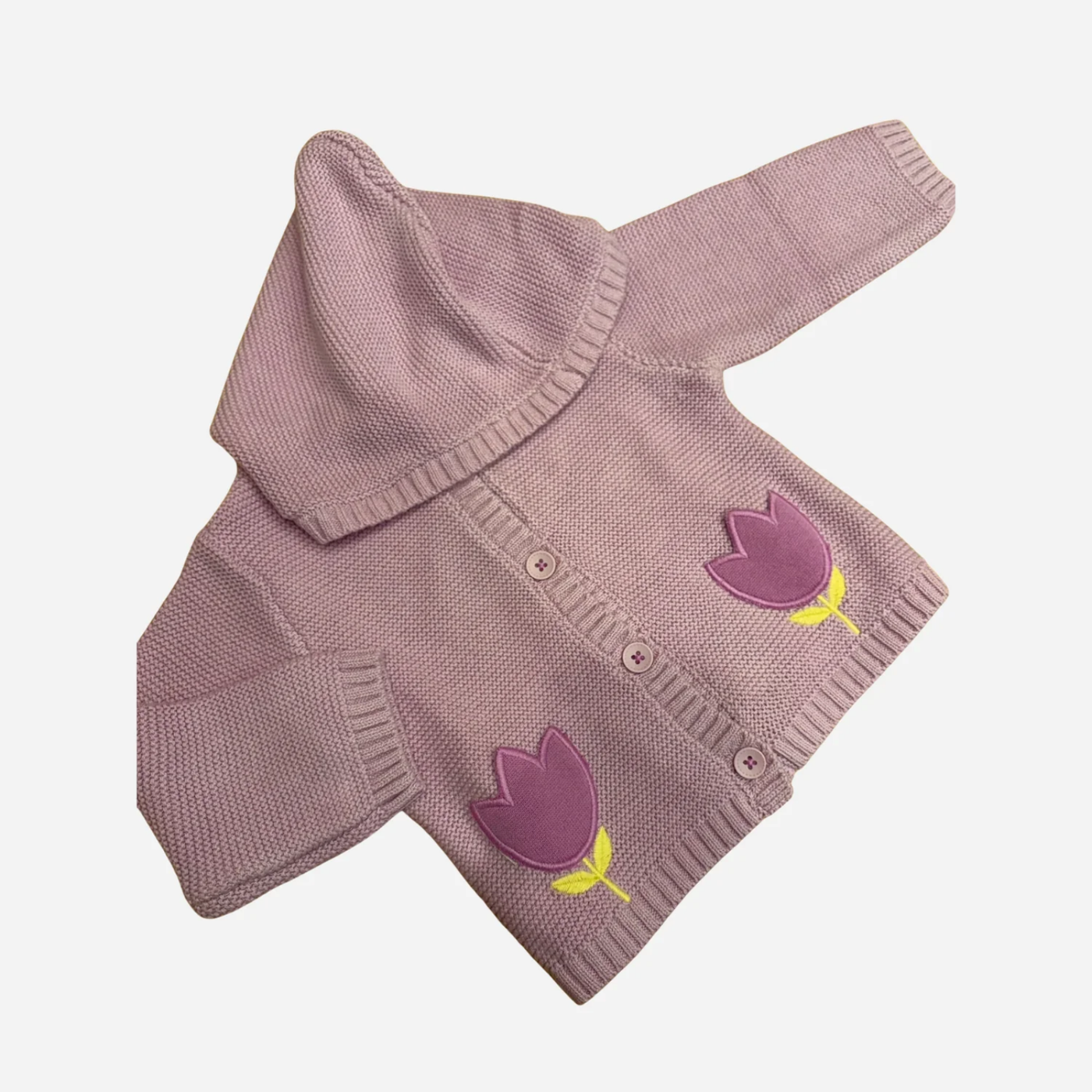 Giacchina Neonata Rosa Antico in Maglia con Cappuccio e Fiori