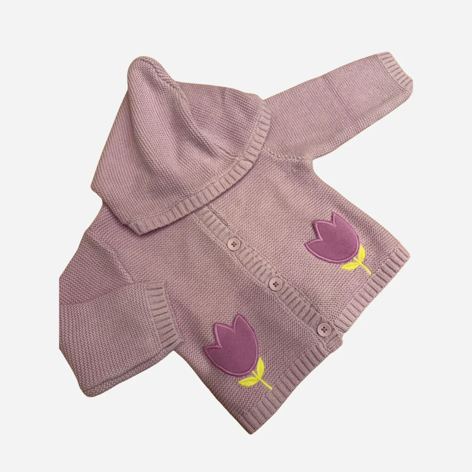 Giacchina Neonata Rosa Antico in Maglia con Cappuccio e Fiori