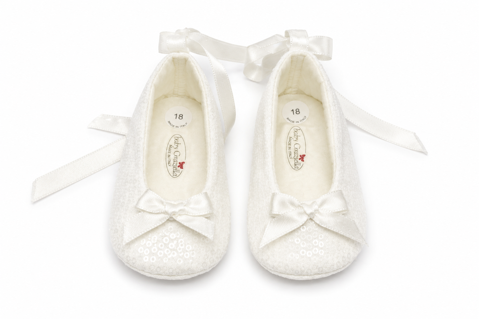 Ballerine Neonata Avorio con Paillettes, Fiocco e Nastri – Baby Graziella