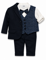 Completo Aletta da bambino blu navy con camicia bianca, gilet fantasia e papillon, disponibile con pantalone corto o con giacca e pantalone lungo