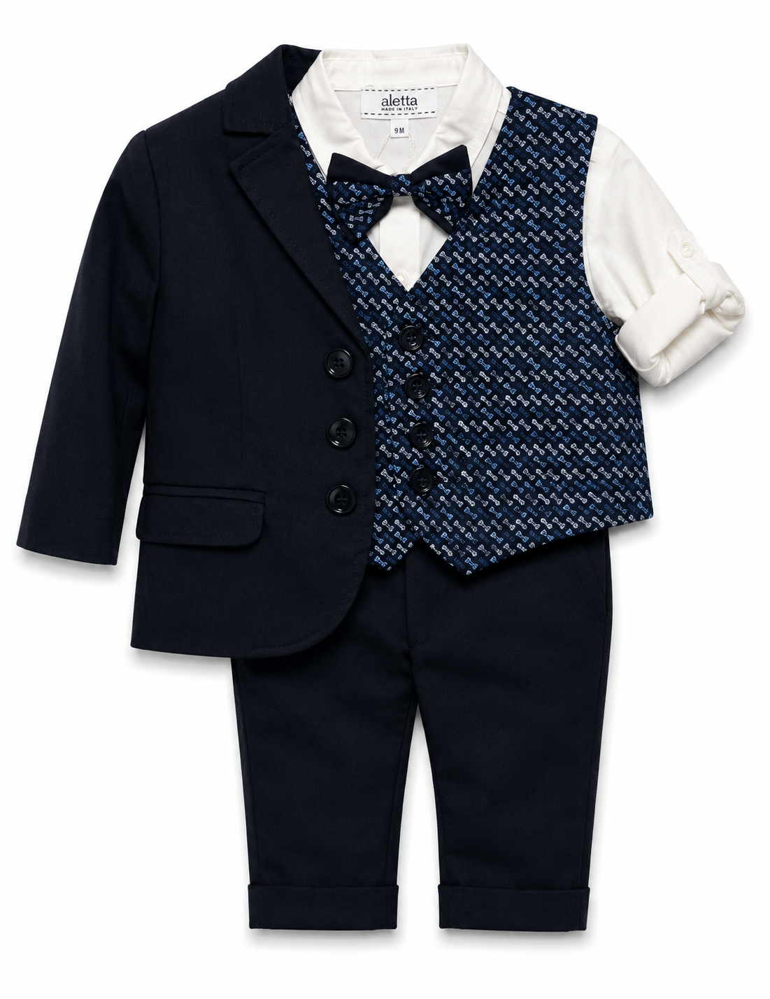 Completo Aletta da bambino blu navy con camicia bianca, gilet fantasia e papillon, disponibile con pantalone corto o con giacca e pantalone lungo