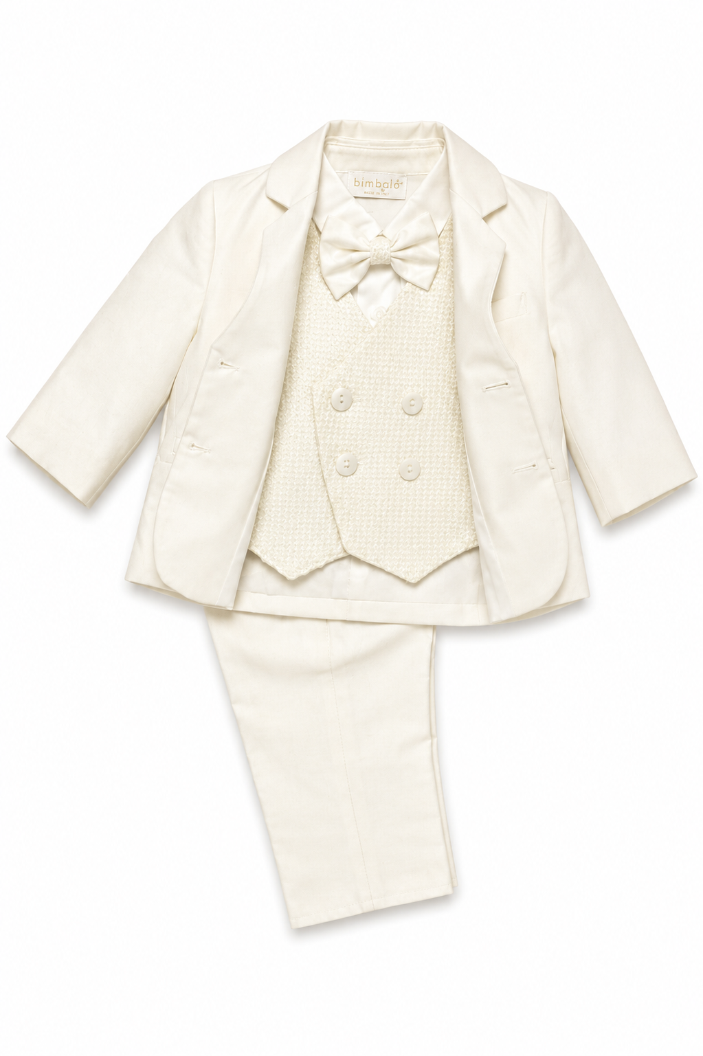 Completo Elegante Bambino Panna con Giacca, Camicia, Gilet, Papillon e Pantalone – Bimbalò