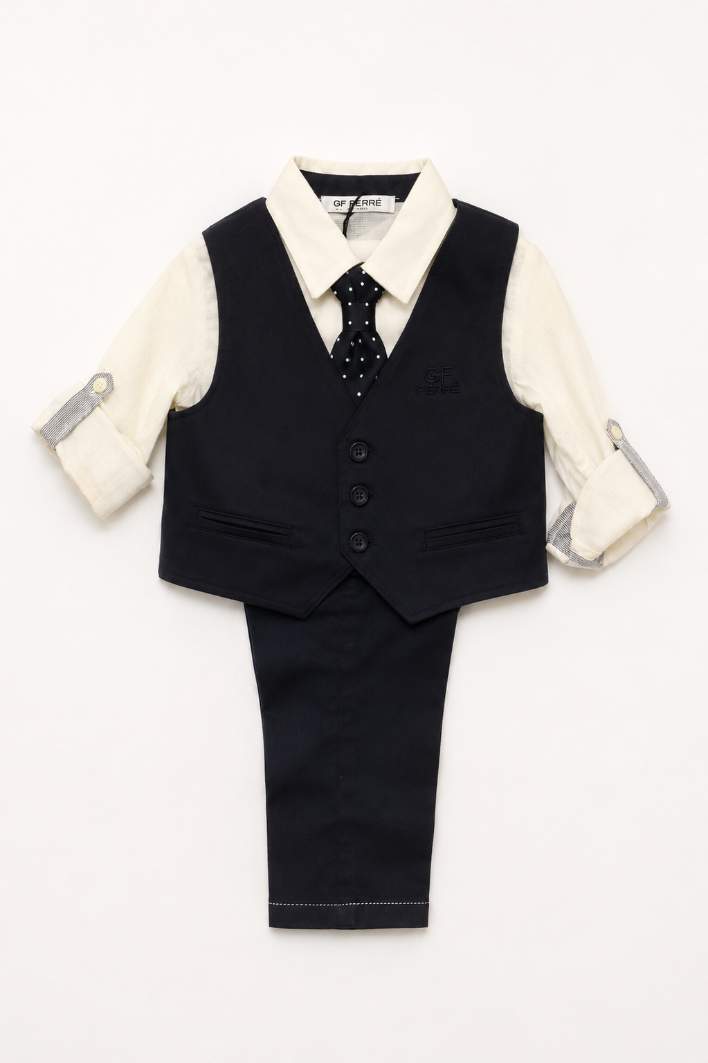 Completo cerimonia Gianfranco Ferré da bambino con camicia avorio, gilet, cravatta e pantalone blu navy