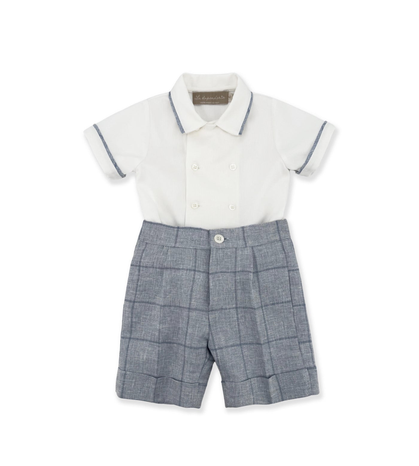 Completo inglese La Stupenderia da neonato con camicia bianca doppiopetto, pantaloncino grigio a quadri e papillon coordinato