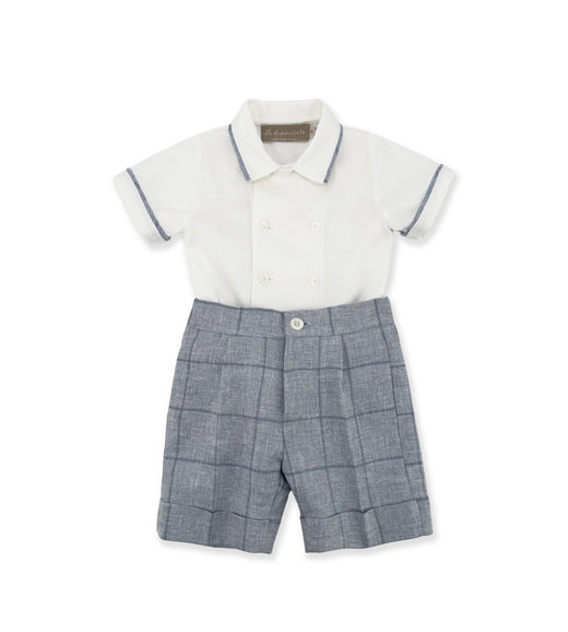 Completo inglese La Stupenderia da neonato con camicia bianca doppiopetto, pantaloncino grigio a quadri e papillon coordinato