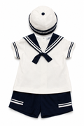 Set Aletta da neonato con pagliaccetto marinaretto bianco e blu navy e cappellino coordinato
