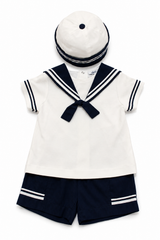 Set Aletta da neonato con pagliaccetto marinaretto bianco e blu navy e cappellino coordinato