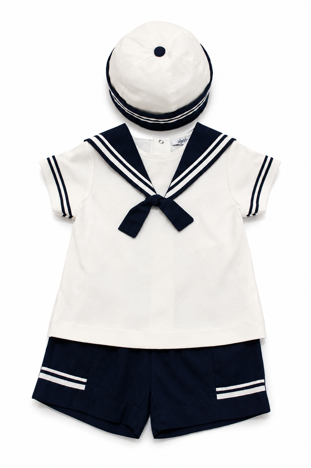 Set Aletta da neonato con pagliaccetto marinaretto bianco e blu navy e cappellino coordinato