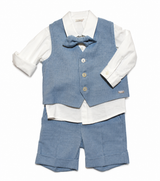 Completo Le Bebé da neonato bianco e celeste con camicia, gilet, papillon e pantalone corto