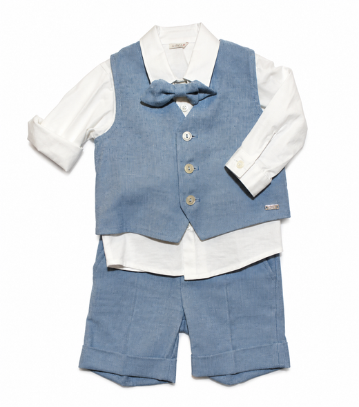 Completo Le Bebé da neonato bianco e celeste con camicia, gilet, papillon e pantalone corto