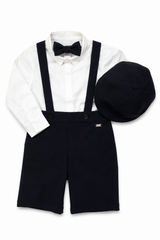 Coordinato componibile Le Bebé da neonato con camicia bianca, papillon, cappello, salopette corta e pantalone lungo blu navy