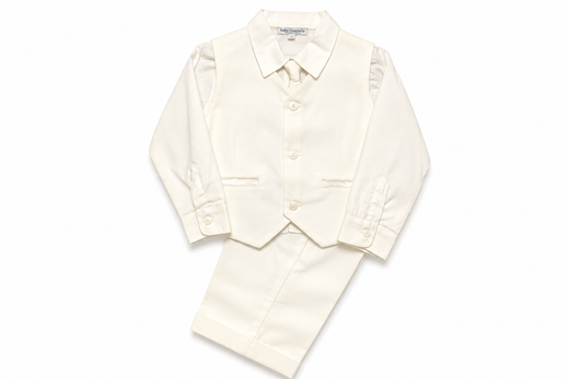 Completo elegante Baby Graziella da bambino color panna con gilet, camicia, papillon e pantalone corto