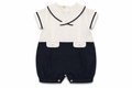 Pagliaccetto Bimbalò da neonato bianco e blu navy con colletto marinaretto, maniche corte e taschine decorative