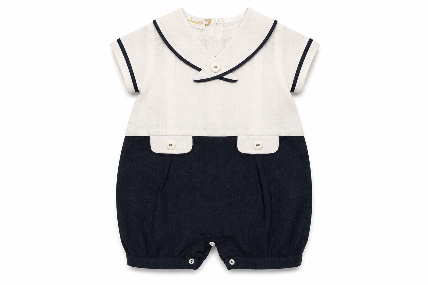 Pagliaccetto Bimbalò da neonato bianco e blu navy con colletto marinaretto, maniche corte e taschine decorative
