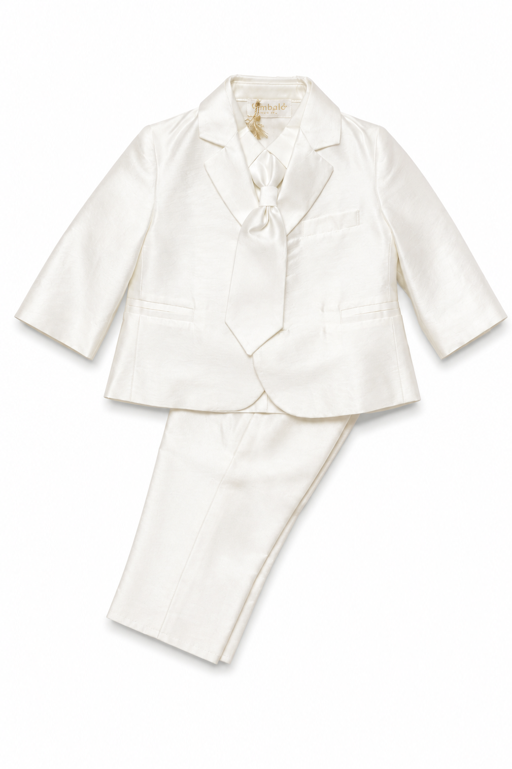 Completo elegante Bimbalò da bambino bianco con giacca, camicia, cravatta e pantalone lungo