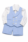 Completo Le Bebé da neonato bianco e celeste con camicia a maniche lunghe, gilet doppiopetto e pantaloncino corto