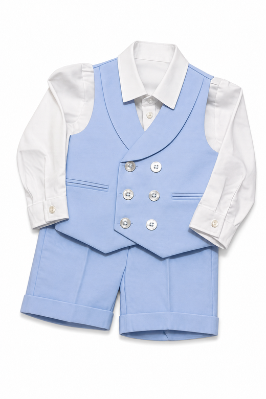 Completo Le Bebé da neonato bianco e celeste con camicia a maniche lunghe, gilet doppiopetto e pantaloncino corto