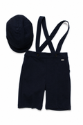 Coordinato componibile Le Bebé da neonato con camicia bianca, papillon, cappello, salopette corta e pantalone lungo blu navy