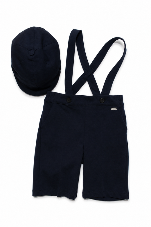 Coordinato componibile Le Bebé da neonato con camicia bianca, papillon, cappello, salopette corta e pantalone lungo blu navy