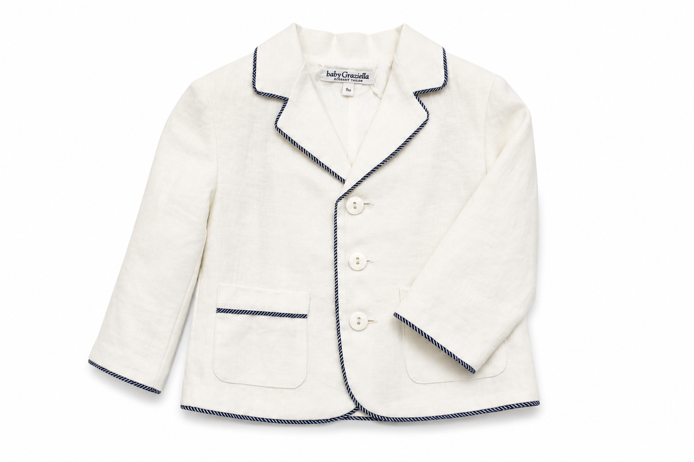 Giacca Baby Graziella da bambino in lino bianco con revers, tasche e bordi blu a contrasto