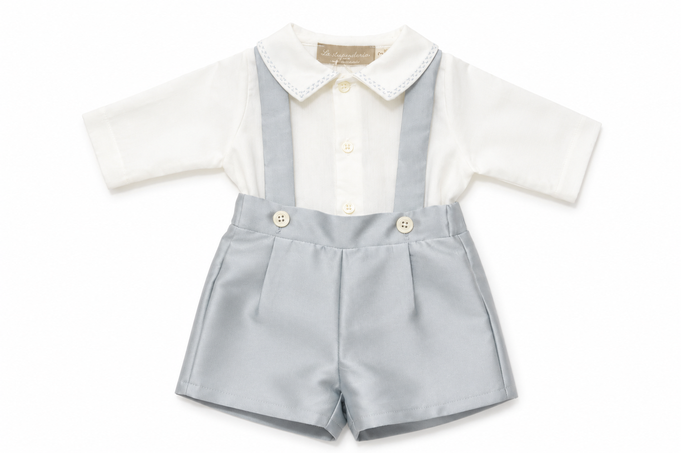 Set cerimonia La Stupenderia da neonato con culotte, bretelle, body camicia ricamato e giacchino con revers