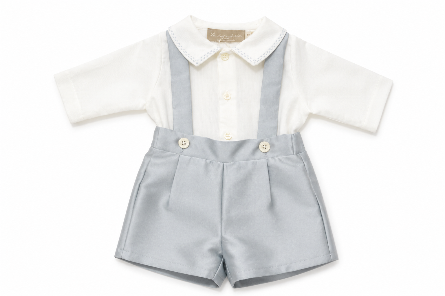 Set cerimonia La Stupenderia da neonato con culotte, bretelle, body camicia ricamato e giacchino con revers