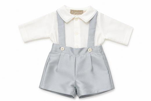 Set cerimonia La Stupenderia da neonato con culotte, bretelle, body camicia ricamato e giacchino con revers