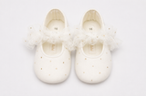 Ballerine Neonata Avorio con Maxi Fiocco in Tulle e Dettagli Dorati – Le Bebé