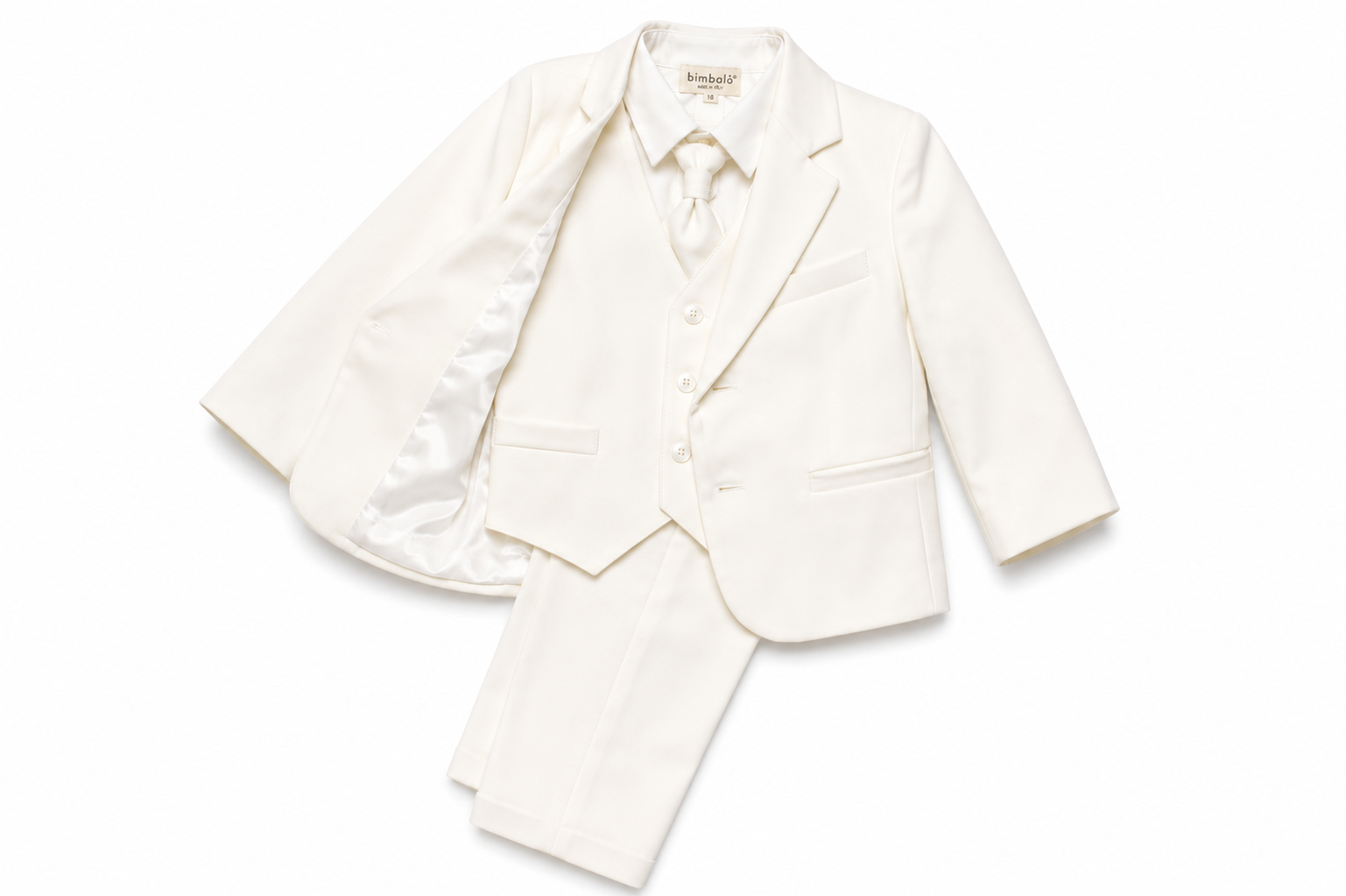 Completo elegante Bimbalò da bambino 5 pezzi color panna con giacca, gilet e pantalone