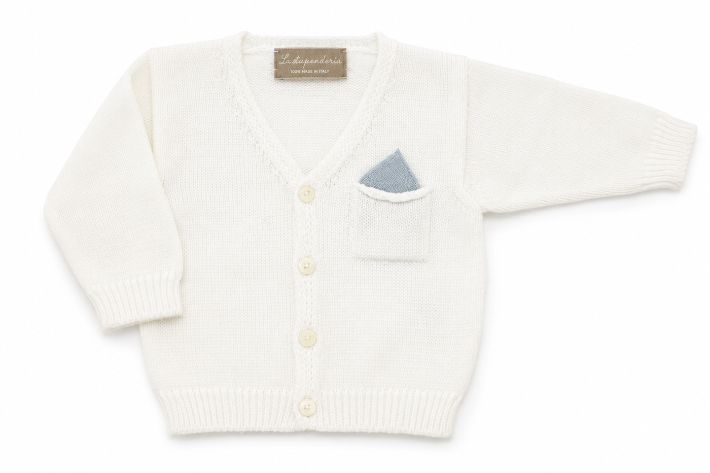 Cardigan La Stupenderia da neonato bianco con taschino e dettaglio cielo