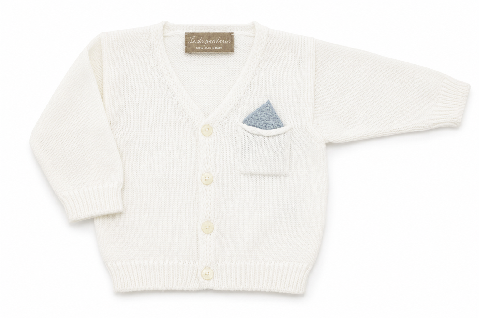Cardigan La Stupenderia da neonato bianco con taschino e dettaglio cielo