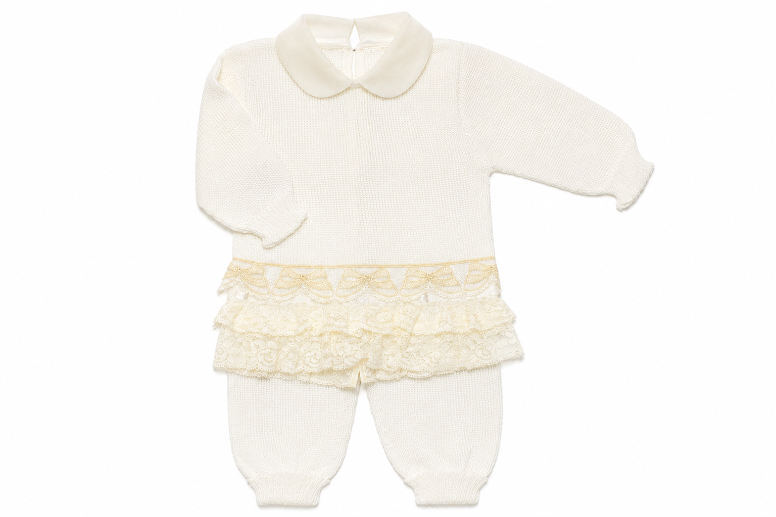 Tutina elegante 2 pezzi La Bottega del Pizzo da bambina color panna con dettagli in pizzo