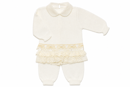 Tutina elegante 2 pezzi La Bottega del Pizzo da bambina color panna con dettagli in pizzo