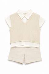 Completo elegante Laura Biagiotti da bambino con camicia, gilet e pantaloncino panna