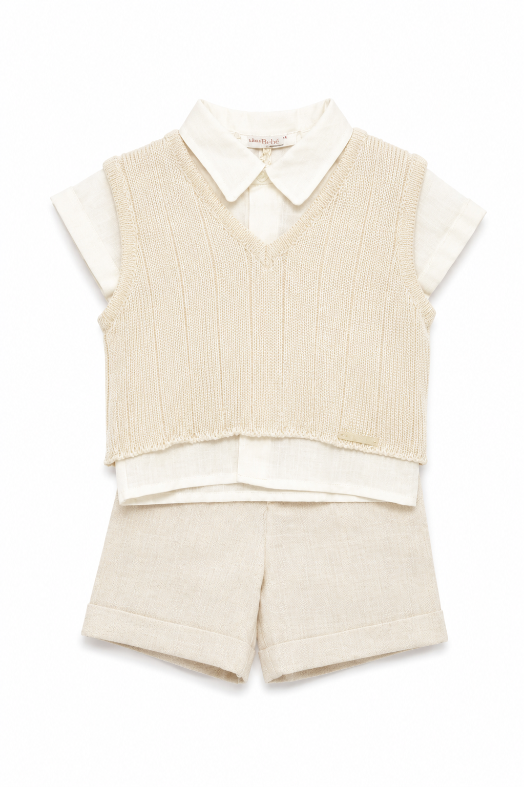 Completo elegante Laura Biagiotti da bambino con camicia, gilet e pantaloncino panna