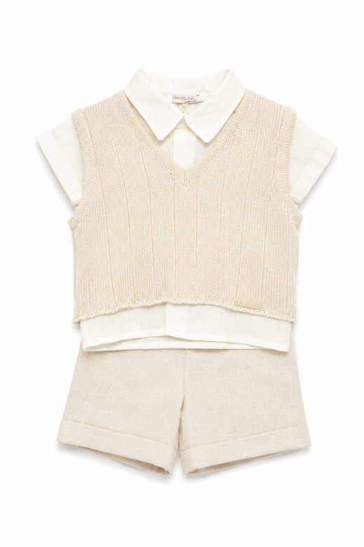 Completo elegante Laura Biagiotti da bambino con camicia, gilet e pantaloncino panna