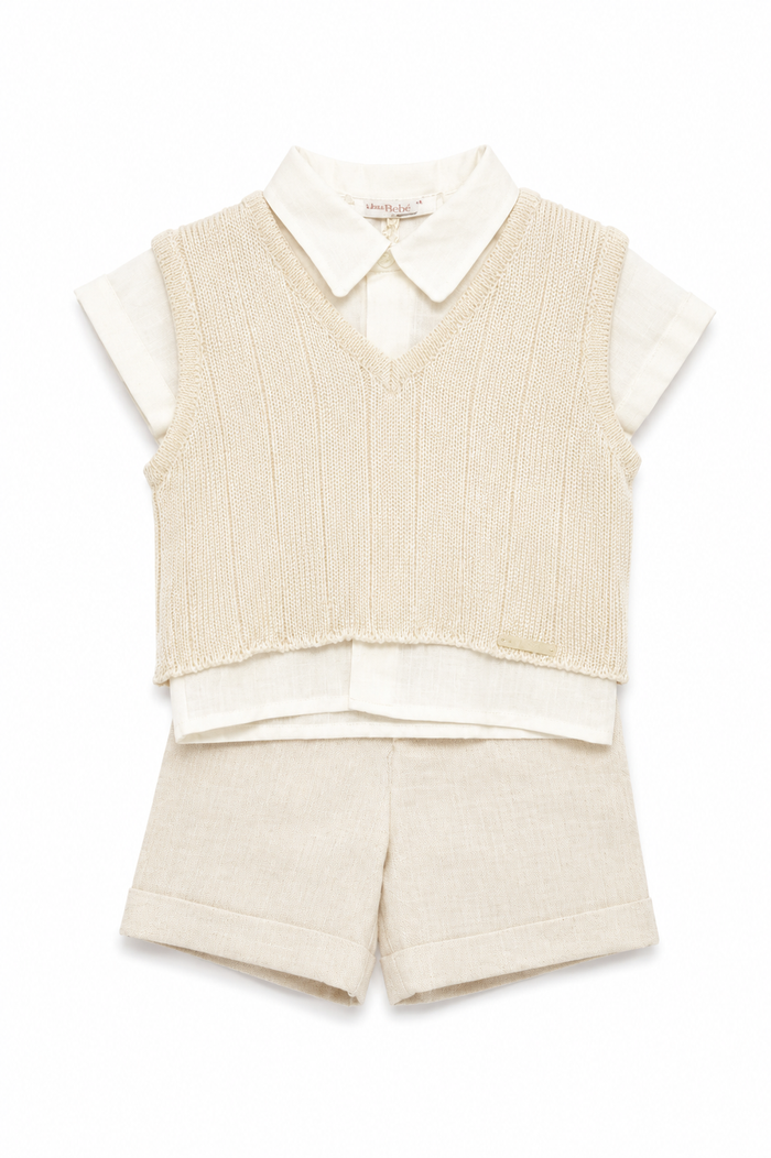 Completo elegante Laura Biagiotti da bambino con camicia, gilet e pantaloncino panna