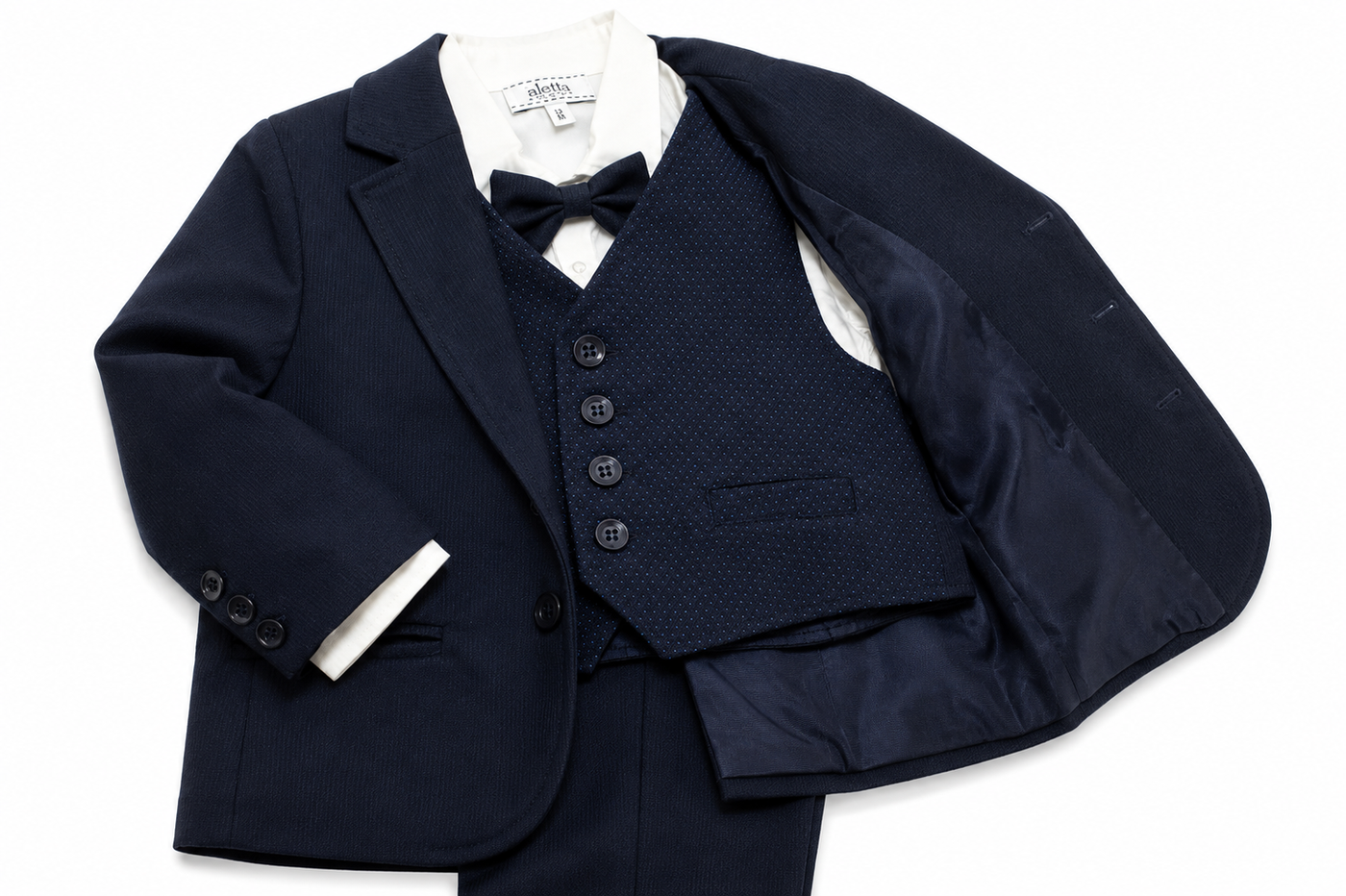 Completo elegante Aletta da bambino blu navy con giacca, gilet fantasia, camicia bianca, papillon e pantalone lungo
