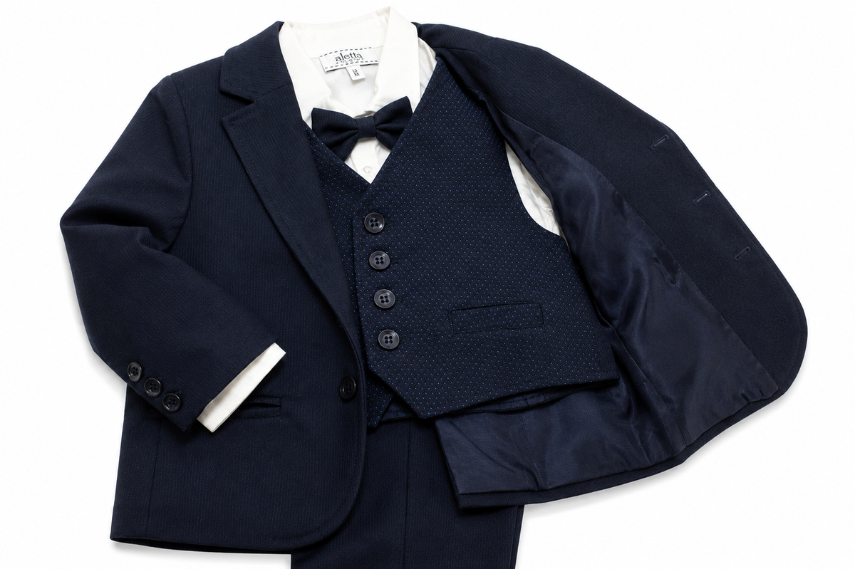 Completo elegante Aletta da bambino blu navy con giacca, gilet fantasia, camicia bianca, papillon e pantalone lungo