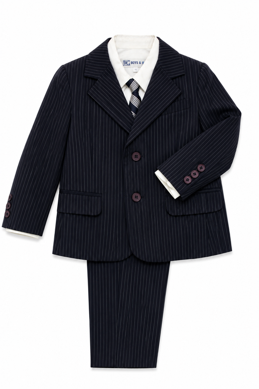 Completo elegante Boys & Girls da bambino blu navy gessato con giacca, camicia bianca, cravatta e pantalone lungo