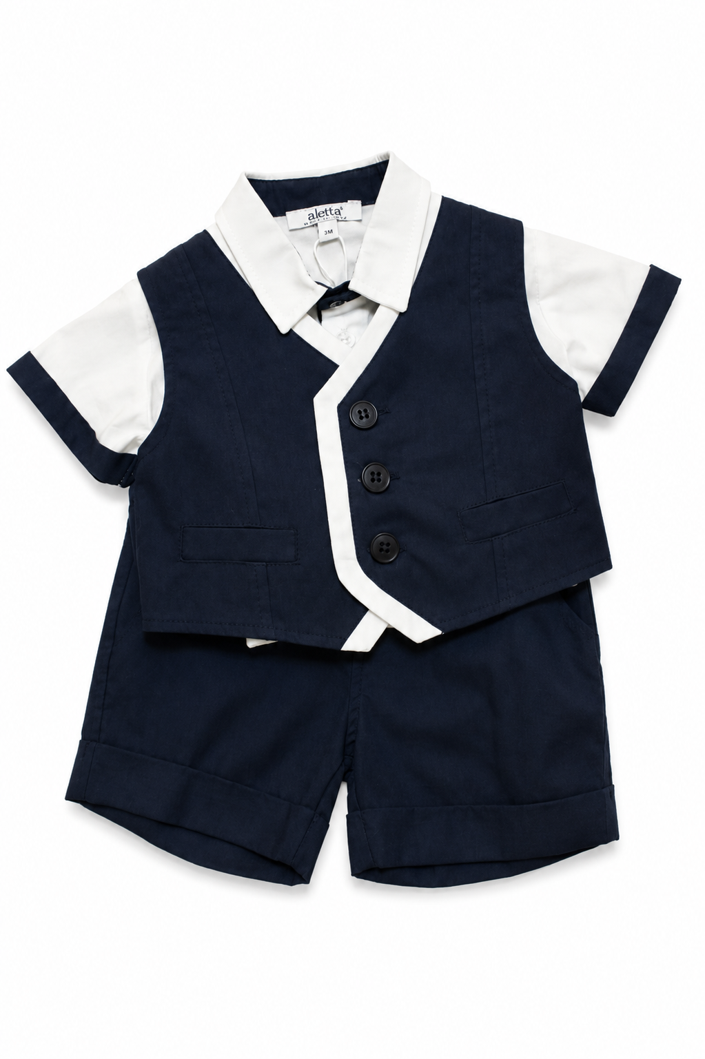 Completo Aletta da bambino bianco e blu navy con maglia a maniche corte effetto gilet incorporato e pantaloncino corto